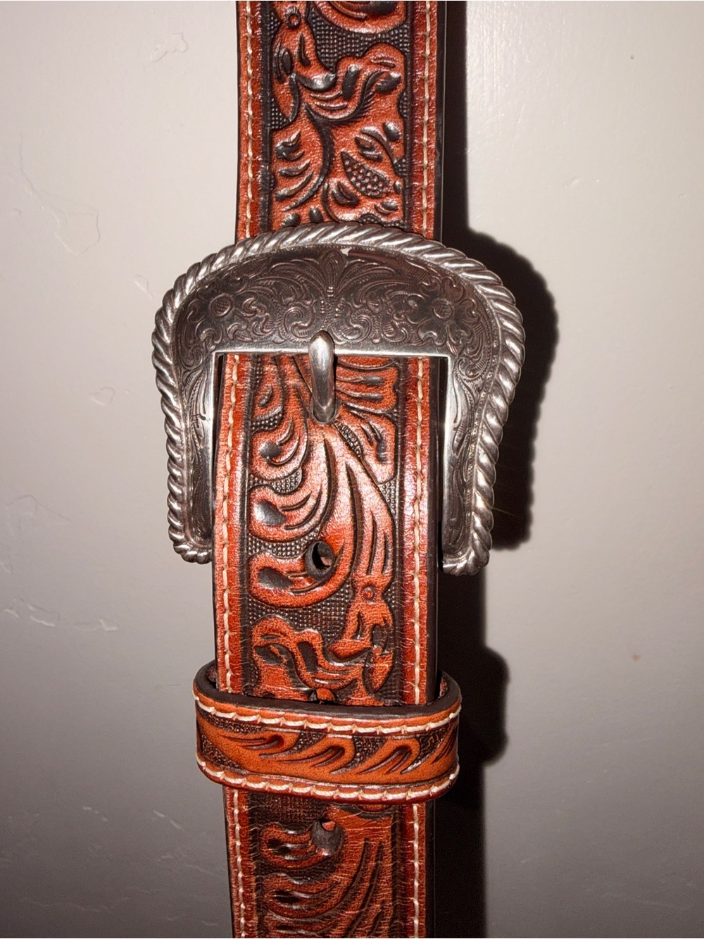 Hand-Tooled Brown Leather Western Belt with Ornate Silver Buckle